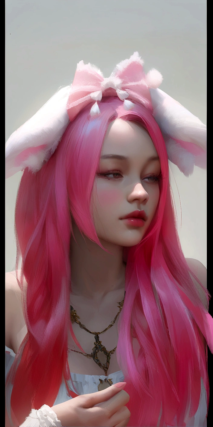 there is a woman with pink hair and a pink bunny ears, Guweiz, painted in anime painter&#39;s studio, retrato de jisoo de blackpink, made with anime painter studio, obra de arte al estilo de Guweiz, jisoo de blackpink, anime realism style, realistic anime style on pixiv, with pink hair, retrato de jossi de blackpink, Jisoo de Blackpink