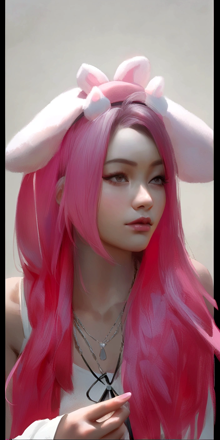 there is a woman with pink hair and a pink bunny ears, Guweiz, painted in anime painter&#39;s studio, retrato de jisoo de blackpink, made with anime painter studio, obra de arte al estilo de Guweiz, jisoo de blackpink, anime realism style, realistic anime style on pixiv, with pink hair, retrato de jossi de blackpink, Jisoo de Blackpink