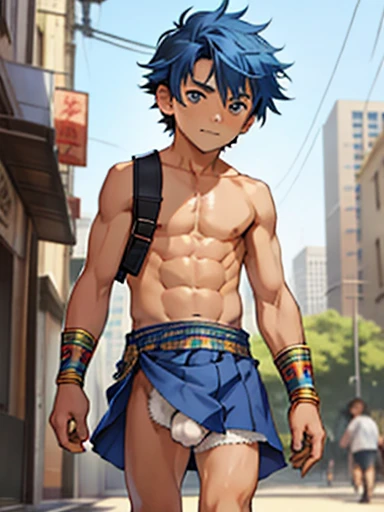 High resolution, masterpiece, The best quality at its best,最high quality,high quality, Height Details, 1人のboy, boy,Fluffy hair, Side bangs, Shota, Skinny boy without a shirt, Blue Hair, He walks around, lost and looking at the city, , Egyptian tribal skirt, (Very small and short), (Very young boy), 12歳のboy, Bluy and simple background, Bokeh, 超High resolution,Huge penis,Erect penis,