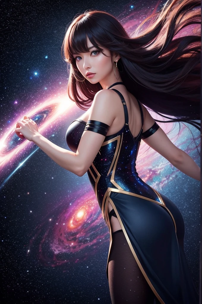 high image, super detail, high resolution, anime, manga, illustration, fantasy, super intelligent beauty, amorous expression, seductive look, melting facial expression, laugh like a prankster, happy, shy, messy brown hair, sparkling blue eyes, red lips, half open mouth, huge breasts, under boob, great proportion, perfect proportion, slender, full body, camisole dress, flared mini skirt, roll up the skirt, background Northern Renaissance style, fantasy, galaxy, magic circle, kaleidoscope, rainbow and gold neon light many lines, cyber punk