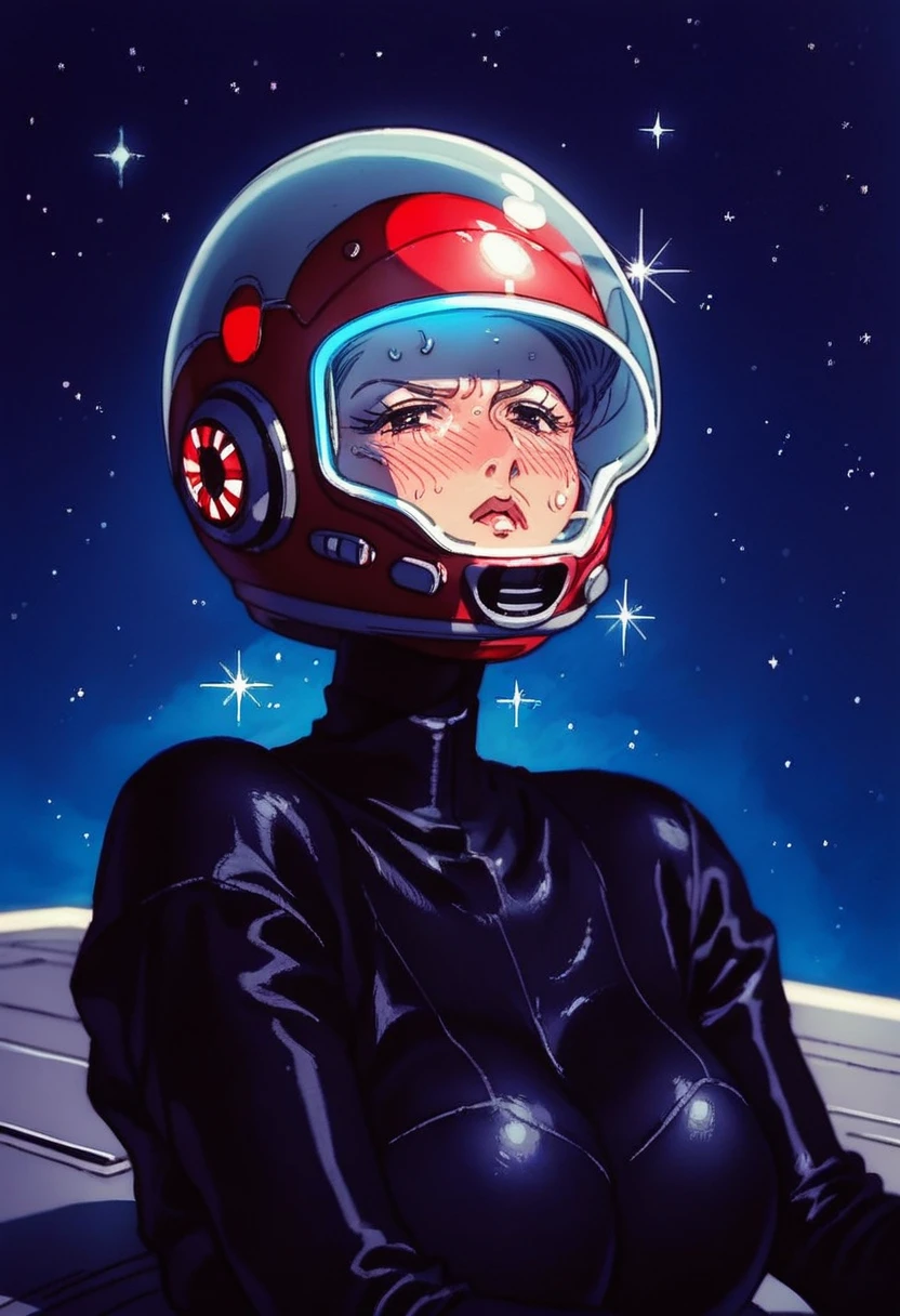 score_9, score_8_up, score_7_up, ((gothic vampire woman piloting in gothic spacecraft)), (retro anime), ((from below)), (120 fov), ((((gothic control panels)))), ((mature)), (iridescent bodysuit), lace accessories, ((pilot seat)), ((((lying back)) pose)), ((elegant)), (((serious tone))), futuristic, ((cockpit top control panel)), intricate control panel details, 1990s (style), [blushing], sweat, ((claustrophobic)), sparkles, limited colors, screens, ((pilot helmet)), ((hands on controls)), night, space