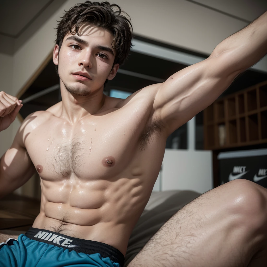 Young 18 year old man with body hair (hairy chest) de cueca boxster and Nike branca (and Nike) dripping sweat from working out too much