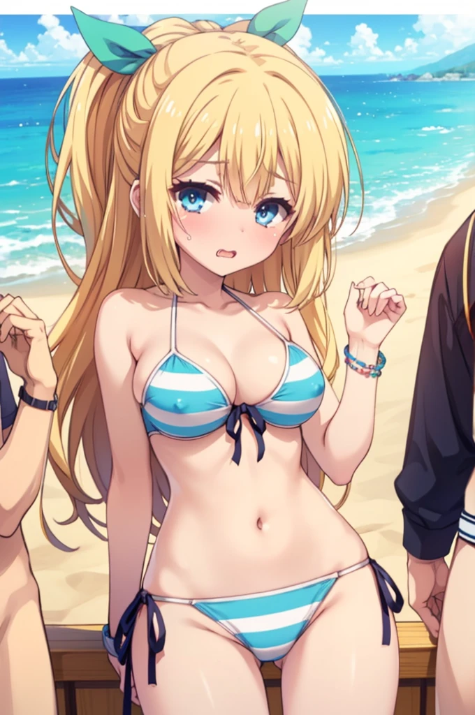 NSFW,(Showing off her nipples)),裸の男の上に乗っている,ahegao,Drooling,((gangbang,3boys)),Highest quality,Masterpiece,RumiaTingel,blonde hair, blue eyes, medium hair, green ribbon, x hair ornament,RumiaBikini, blue bikini, striped bikini, front-tie top, side-tie bikini bottom, bracelet,Seaside