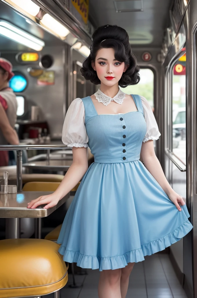 1Girl in a 50s style dress, complete with circle skirt and petticoat, her hair is styled in classic curlers. She should sit in an old-fashioned diner, surrounded by vintage details like a jukebox, Chrome accents, and neon signs. Your eyes should sparkle with excitement, Your skin flawless and radiant under the soft, dramatic lighing. Diese Szene sollte auf 35mm-film festgehalten werden, with a nice depth of field and a slightly blurred, nostalgic background,
film,