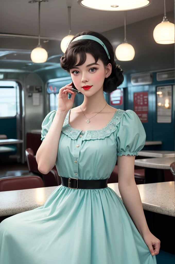 1Girl in a 50s style dress, complete with circle skirt and petticoat, her hair is styled in classic curlers. She should sit in an old-fashioned diner, surrounded by vintage details like a jukebox, Chrome accents, and neon signs. Your eyes should sparkle with excitement, Your skin flawless and radiant under the soft, dramatic lighing. Diese Szene sollte auf 35mm-film festgehalten werden, with a nice depth of field and a slightly blurred, nostalgic background,
film,