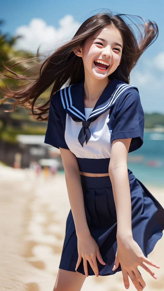 (((very loud laugh))),1girl,(((Frontal bust shot angle))),Wide open chest、(((Okinawa ocean)))、(((White sand beaches in Okinawa)))、8K UHD、Digital single-lens reflex camera、High resolution、Shallow depth of field、Natural light、(((Sailor suit)))、(((navy blue super mini skirt)))、(((Full body photography)) )、Small person、(((Young face)))、1 Japanese female、;beautiful girl、(Black Hair)、A strong wind blows up my skirt、(((Brown eyes)))、Glowing Skin、Smooth Thinning Hair、Long Hair、Detailed background、Detailed eyes and face、Clear Eyes、Cute smile、Calm atmosphere、(((stage)))、(((Small breasts)))、(((Beautiful Eyes)))、Flat chest、Children、(((Toned thighs))) 、(((Angle from below) ))、(((Fine lips)))、(((Skirt fluttering)))、Shining beautiful legs、( Skirt fluttering violently in the strong wind :1.4), (hair blowing in the strong wind:1.4), (leaning forward)、(((barefoot、barefoot)))