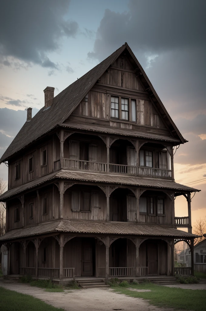create for me a very realistic image in 16:9 size, an image of a scary old house with all the details in a neighborhood