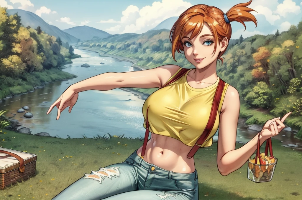 Anime-style illustrations, Adult, woman, One girl, alone, smile, View your viewers, Happy, cute, (river:1.2), Yellow Shirt, Crop top, suspenders, jeans