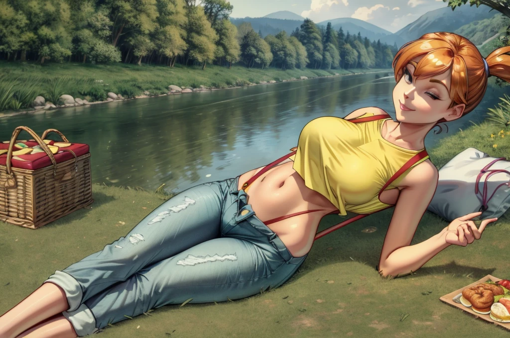 Foggy, masterpiece, High resolution, Highest quality, Super detailed, Perfect lighting, Adult, woman, One girl, alone, (food:0.8), Grass, picnic, smile, View your viewers, Happy, cute, (river:1.2), Yellow Shirt, Crop top, suspenders, jeans