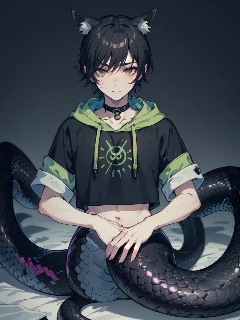 1 boy,more details in eyes,cute face,handsome,young,juvenile,((masterpiece:1.4,best quality)),multiple details,black hair,eyeshadow, lamia, snake tail, emo, crop top,hoodie, black snake tail, fox ears, full body