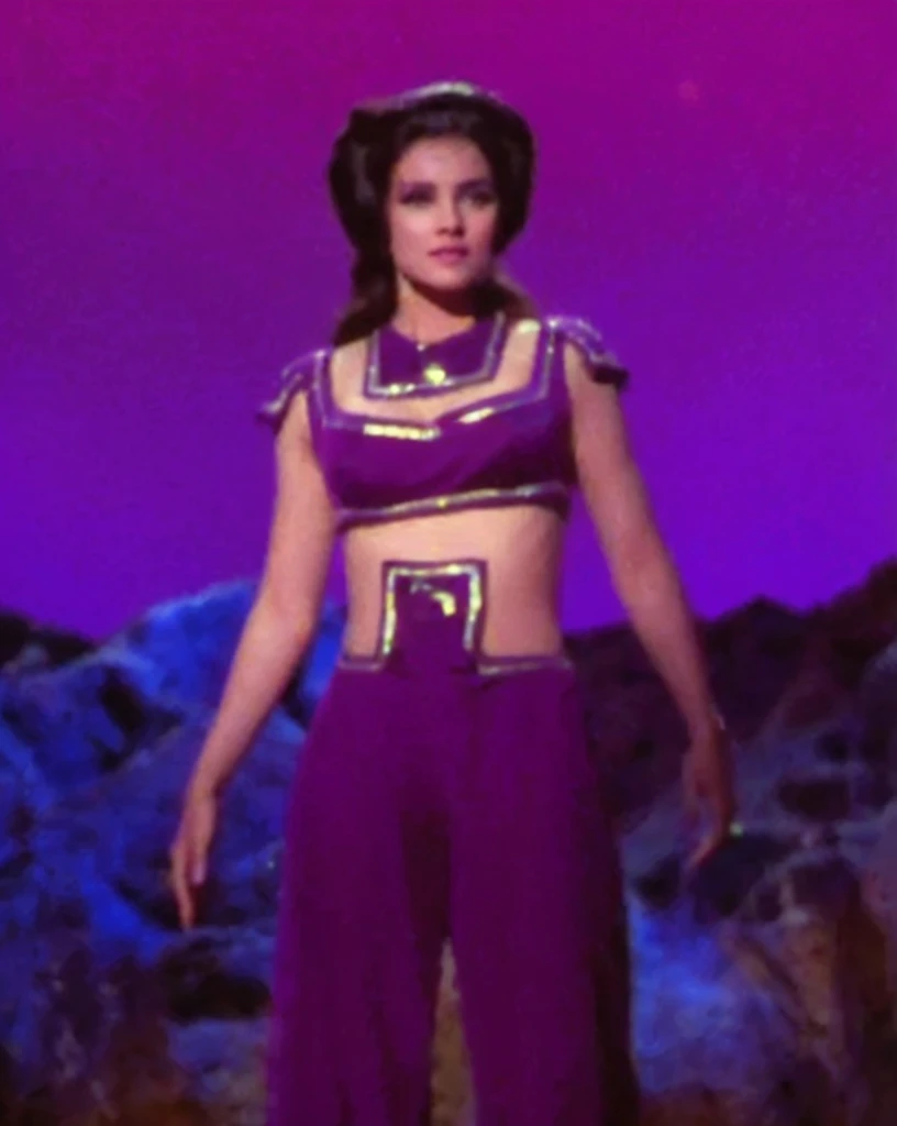 1 gorgeous santily-clad nubile girl in a purple harem genie biniki outfit standing on a stage with a lavender sky & rocky background, in a purple bikini genie harem outfit, garbed in a revealing purple scifi genie harem outfit, enhanced sharpness, perfect masterpiece, best quality, photo-realistic, 100% anatomically correct, 8K HDR, best illumination, best shadows, realistic lighting, art by Leng Jun