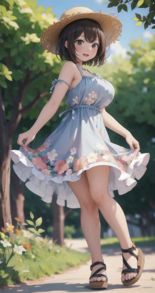 ((masterpiece,intricate details)),1girl,mature female,Long bold side bangs,,brown eyes, :d,huge breasts,,
BREAK
(Floral_summer_dress:1.5),(Strappy_sandals:1.4),(Straw_hat:1.3),(Picnic_park_background:1.2)
BREAK
Music studio: Instruments, recording, mixing, sound, collaboration,((full body)),from below:1.1,depth of field,looking at viewer, thin legs, grey wet spot thong