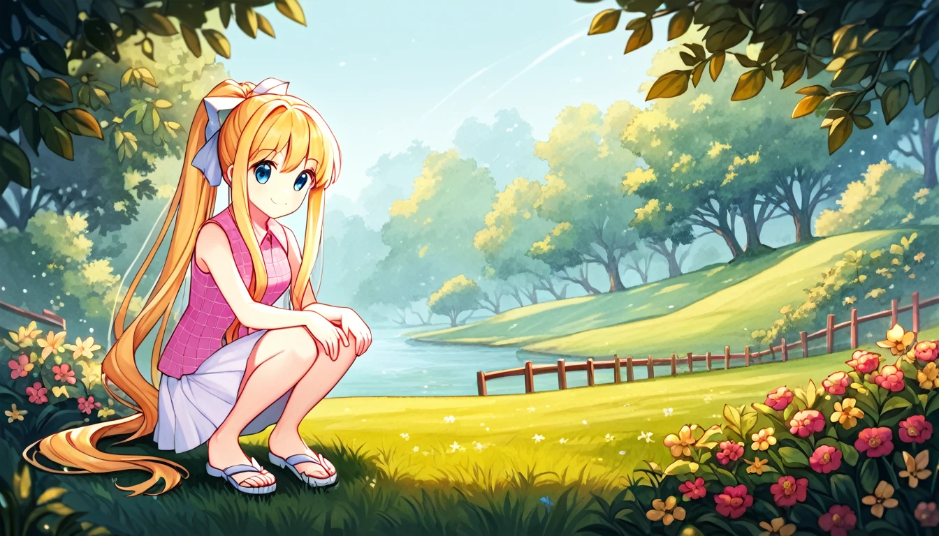 score_9, score_8_superior, score_7_superior, score_6_superior, evaluation_Safety, sauce_anime, Highest quality, masterpiece, Detailed Background, Fine grain, garden, Grass, Cowboy Shot, cute, squat, hands on knees, superiorから見た図, looking superior, 三鈴superior雄, Plaid pink camisole, White Skirt, No sleeve, White Sandals, Medium chest, Long ponytail, Long side locks, smile,