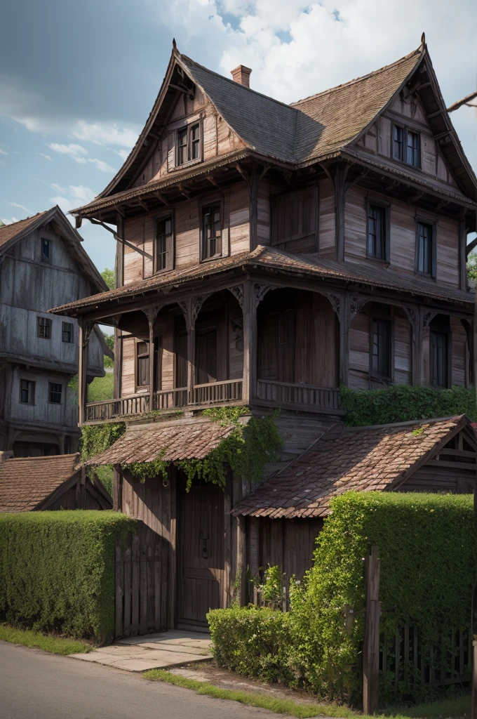 create for me a very realistic image in 16:9 size, an image of a scary old house with all the details in a neighborhood