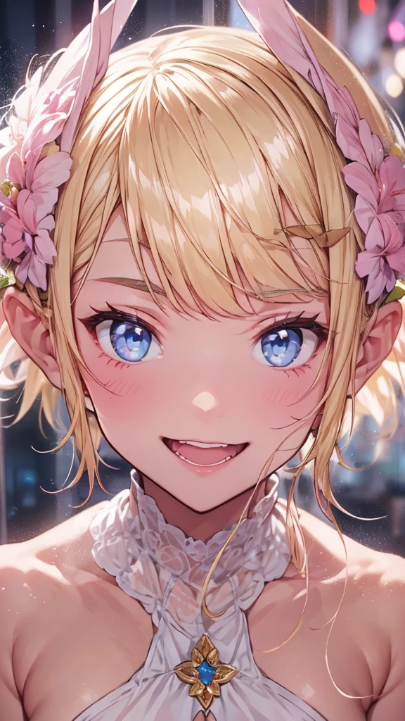 Very close、((Face close-up))、16K、masterpiece、High resolution、High resolution、****ung elven woman))、((Beautiful blonde))、short hair、((Beautiful Blue Eyes))、((Pointed Ears))、Smiling Kindly、Grin、blush、Pink Lip Gloss、((Shiny skin))、((Completely naked、Small breasts、Pink nipples、Large areola、sweating))、((Luxury hotel room at night))、look at me、