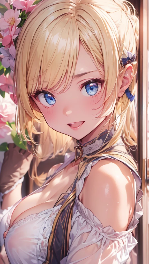 Very close、((Face close-up))、16K、masterpiece、High resolution、High resolution、****ung elven woman))、((Beautiful blonde))、short hair、((Beautiful Blue Eyes))、((Pointed Ears))、Smiling Kindly、Grin、blush、Pink Lip Gloss、((Shiny skin))、((Completely naked、Small breasts、Pink nipples、Large areola、sweating))、((Luxury hotel room at night))、look at me、