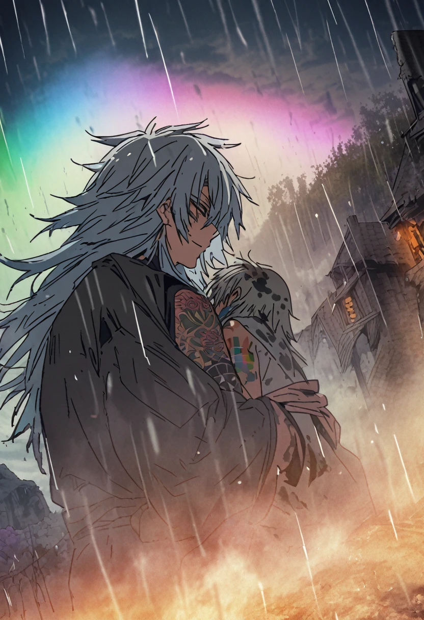 An ethereal sultryseductivedemonic 20 year old anime male druid with metallic long hair and tattoos, intimately holding and almost kissing a 20 year old anime male, anime druid demon male hellscape at night, manga inspired by Masashi Wakui, rainbow color palette, atmospheric fog, decay, worn textures, rain-soaked fantasy village, manga-style illustration --s 150 --ar 1:2 --c 5 Removed From Image