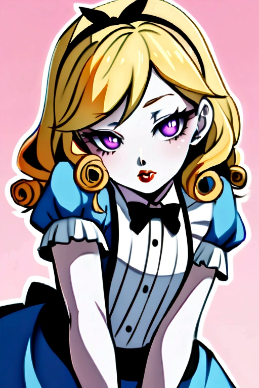 A curly blonde young girl, pale skin with violet eyes and reddish lips, dressed as Alice in Wonderland, in an erotic pose.