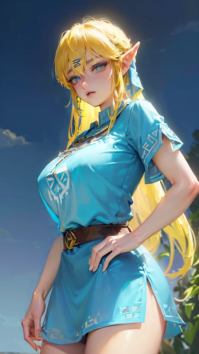 (((link(the legend of the zelda))),((gender bender,yellow hair,blue_eyes,cowboy shot,hair between eyes)),((link(the legend of the zelda) is a milf and lascivious,42 years old,gigantic clothing))