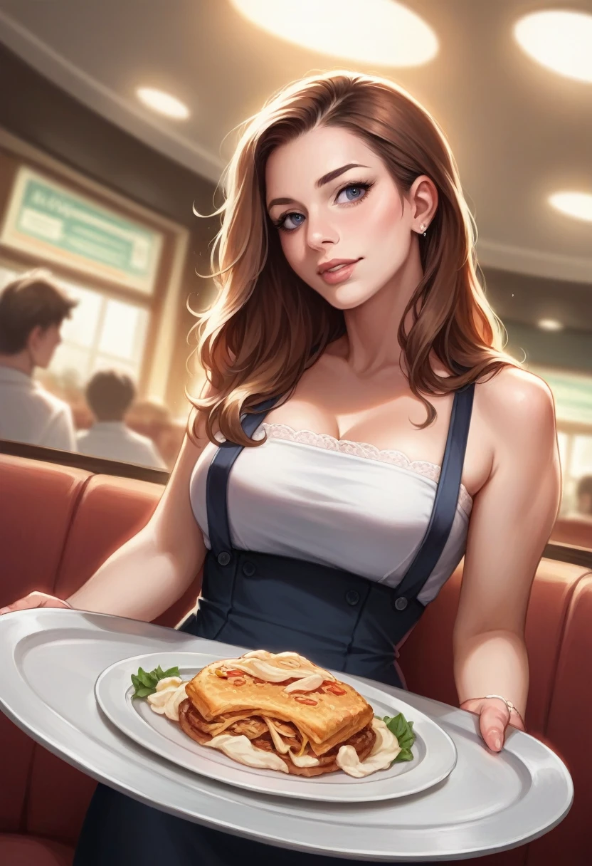 Christina Hendricks, (Christina Hendricks:1.5), masterpiece quality, (masterpiece quality:1.3), detailed, realistic, (realistic:1.3), 1girl, solo, (solo:1.9), alone, at a buffet restaurant, food in background, Thanksgiving day feast, food on shelves in background, food on table in background, wearing choker collar, wearing black bra, (black bra:1.5), wearing black panties, (black panties:1.5), small breasts, (small breasts:1.5), thin body
