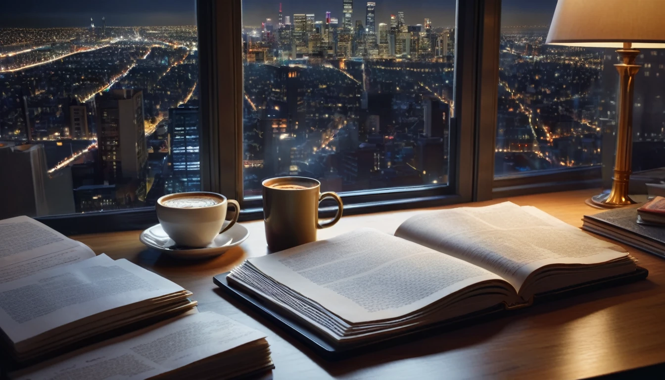 a messy desk with law books, notes, a laptop, half-filled coffee cup, untouched plate of food, city skyline at night through window, intricate details, realistic, photorealistic, 8k, HDR, award-winning, cinematic lighting, warm color tones, dramatic shadows, depth of field, hyper-realistic, masterpiece