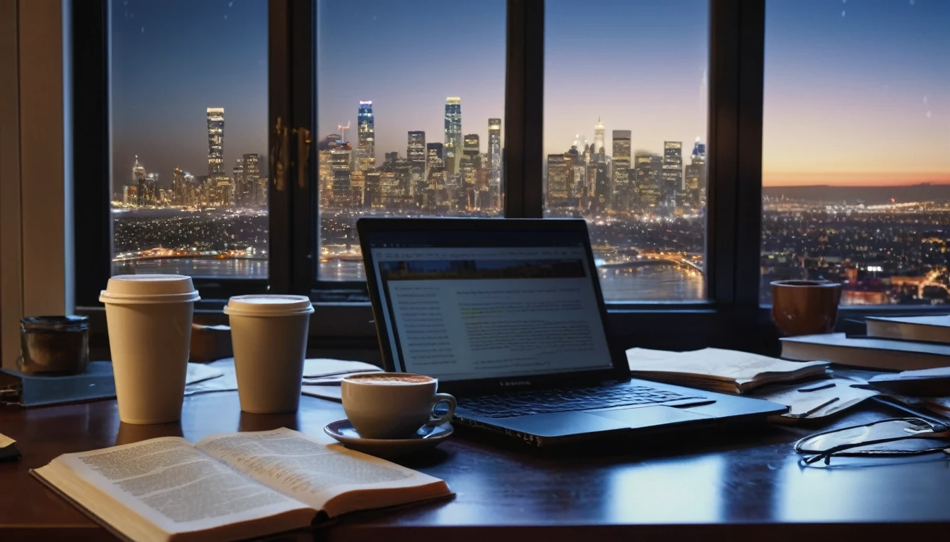 a messy desk with law books, notes, a laptop, half-filled coffee cup, untouched plate of food, city skyline at night through window, intricate details, realistic, photorealistic, 8k, HDR, award-winning, cinematic lighting, warm color tones, dramatic shadows, depth of field, hyper-realistic, masterpiece