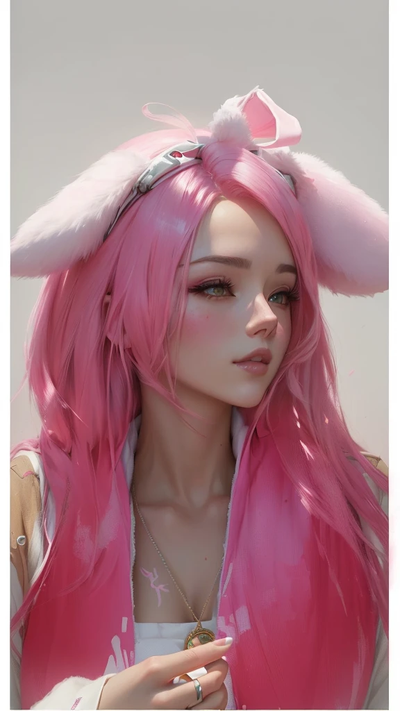 there is a woman with pink hair and a pink bunny ears, Guweiz, painted in anime painter's studio, retrato de jisoo de blackpink, made with anime painter studio, obra de arte al estilo de Guweiz, jisoo de blackpink, anime realism style, realistic anime style on pixiv, with pink hair, retrato de jossi de blackpink, Jisoo de Blackpink