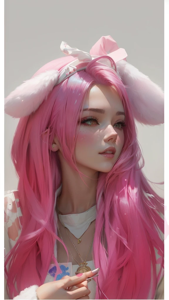 there is a woman with pink hair and a pink bunny ears, Guweiz, painted in anime painter's studio, retrato de jisoo de blackpink, made with anime painter studio, obra de arte al estilo de Guweiz, jisoo de blackpink, anime realism style, realistic anime style on pixiv, with pink hair, retrato de jossi de blackpink, Jisoo de Blackpink