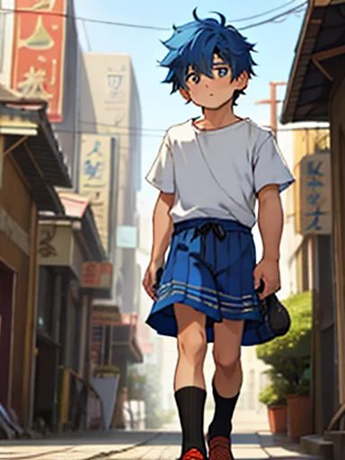 High resolution, masterpiece, The best quality at its best,最high quality,high quality, Height Details, 1人のboy, boy,Fluffy hair, Side bangs, Shota, Skinny boy without a shirt, Blue Hair, He walks around, lost and looking at the city, 14 years old, Egyptian tribal skirt, (Very small and short), (Very young boy), 12歳のboy, Blurry and simple background, Bokeh, 超High resolution