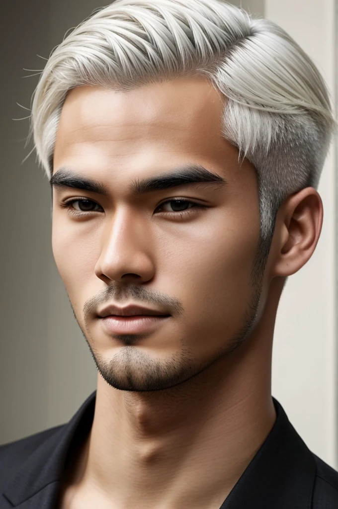 Create a young man with Asian features who is very handsome and has white hair