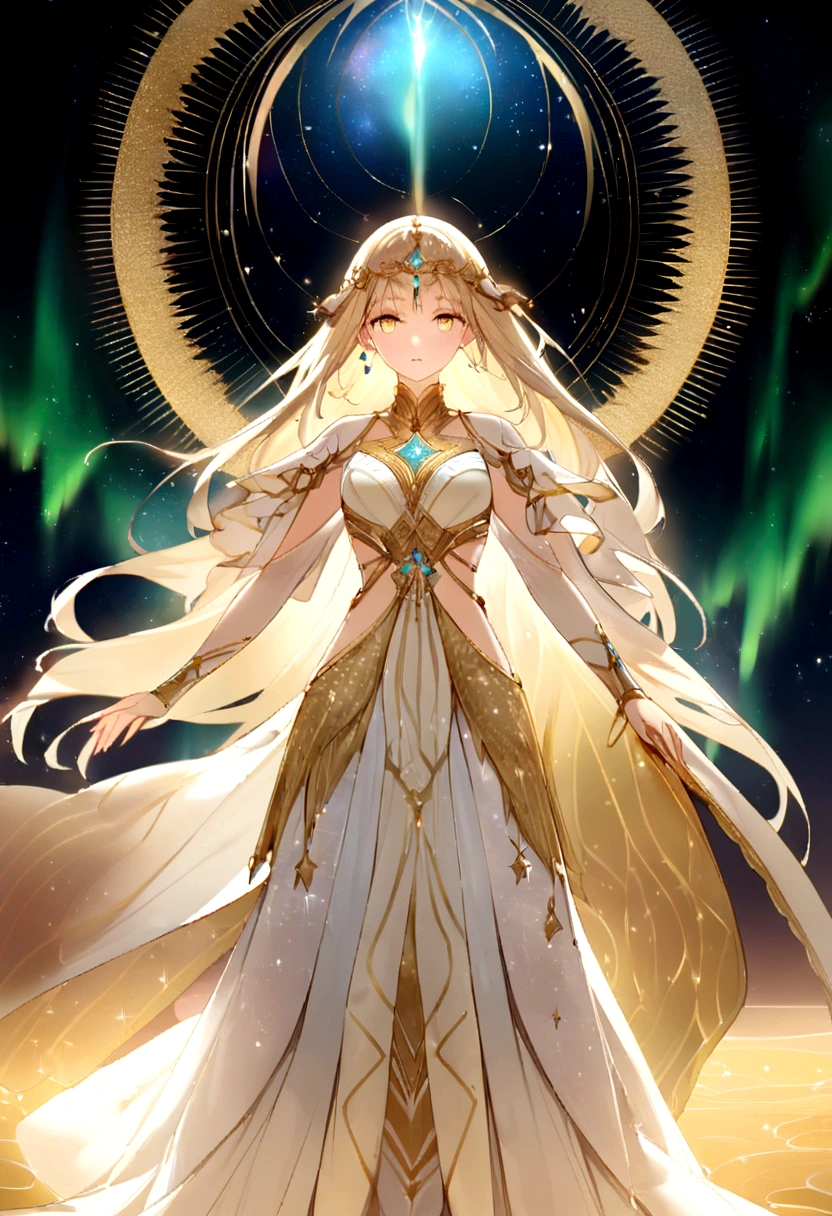 Goddess appears as a radiant, youthful figure, exuding an aura of boundless energy. Her skin has a golden hue, glowing softly like the first light of dawn. Her hair is long and wild, a cascade of shimmering gold that flows like a river of light. Her eyes are bright and sparkling, resembling twin stars, reflecting her passionate and rebellious spirit. She wears a dynamic ensemble made of star-spun fabric, designed for freedom of movement and adorned with glowing celestial patterns. Her attire changes with her mood and the cosmic forces around her, sometimes appearing as battle armor and other times as elegant robes. She often has a faint aura of light surrounding her, flickering and shifting like the aurora borealis.