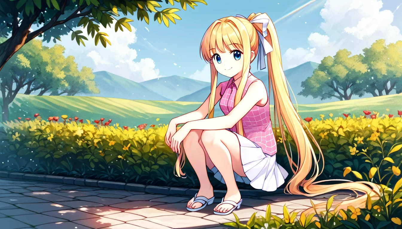 score_9, score_8_superior, score_7_superior, score_6_superior, evaluation_Safety, sauce_anime, Highest quality, masterpiece, Detailed Background, Fine grain, garden, Grass, Cowboy Shot, cute, squat, hands on knees, superiorから見た図, looking superior, 三鈴superior雄, Plaid pink camisole, White Skirt, No sleeve, White Sandals, Medium chest, Long ponytail, Long side locks, smile,