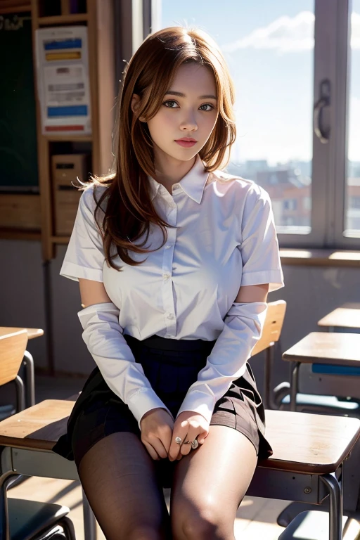 top-quality, ​masterpiece, high-detail, 16k picture quality, Beautiful , Light brown medium hair, beautiful eyes of light brown, Uniforms, White blouses, Black_pantyhose, White panties showing through pantyhose, plump big breasts, Large breasts that hang down by gravity, blushing, She  Looking at the camera, Enraptured look, Opening legs, evening classroom, Bright red sky, Beautiful clouds in madder color,