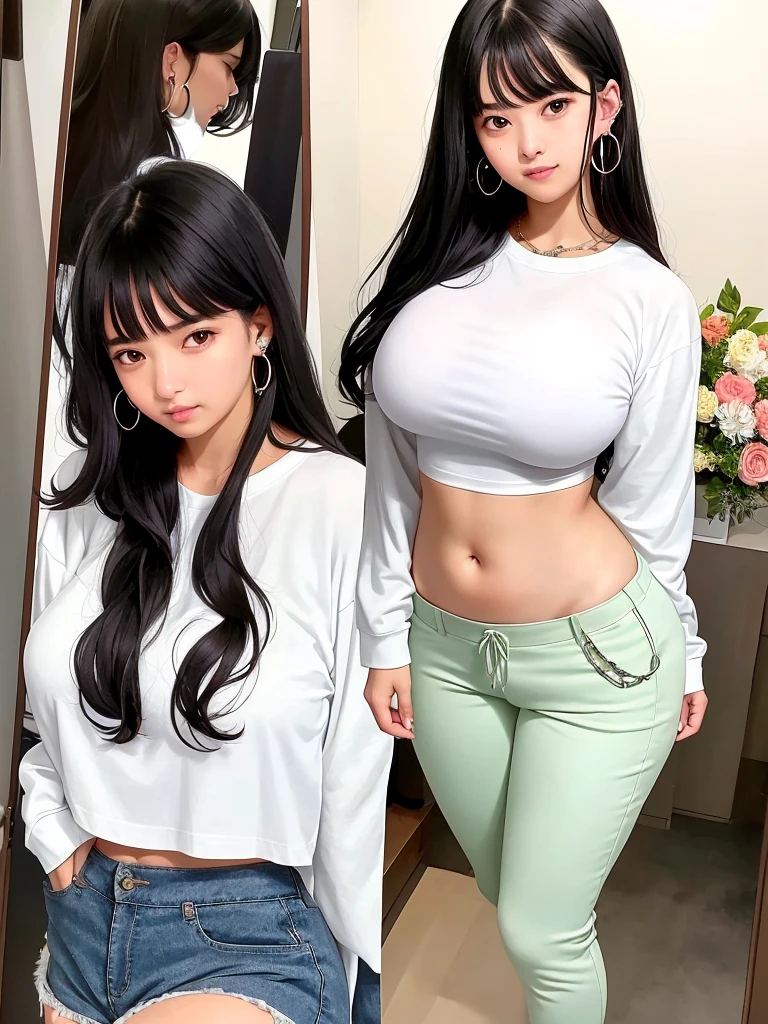 A beautiful 15 year old girl, cute face, wavy black hair, with nose and navel piercings, green long-sleeved shirt, loose white pants, jewelry, big breasted mackerel, colossal ass, colossal hips, shapely body, inside your room taking a photo in front of the mirror