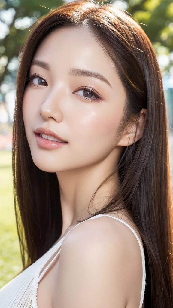 (highest quality、table top、8k、best image quality、Award-winning work)、One cute beauty、straight medium hair、(alone:1.2)、(The Short pastel colored shirt:1.2)、(The Background of a park in Tokyo, Japan:1.6)、(Perfectly fixed at the front:1.1)、close up of face、(very big breasts:1.3)、(emphasize body line:1.2)、(Perfect female frontal and horizontal portrait with proper margins:1.2)、(Perfect expression of a woman whether viewed from the side or from the front:1.2)、beautiful and detailed eyes、look at me and smile、(Upright photo from the chest up:1.2)、(turn around and look straight at me:1.2)、(perfect makeup:1.1)、bright lipstick、Ultra high definition beauty face、ultra high definition hair、Super high-definition sparkling eyes、Super high resolution perfect teeth、Super high resolution glossy lips、accurate anatomy、very beautiful skin、(Pure white skin shining in ultra-high resolution:1.2)、Elegant upright posture when viewed from the front、(very bright:1.3)