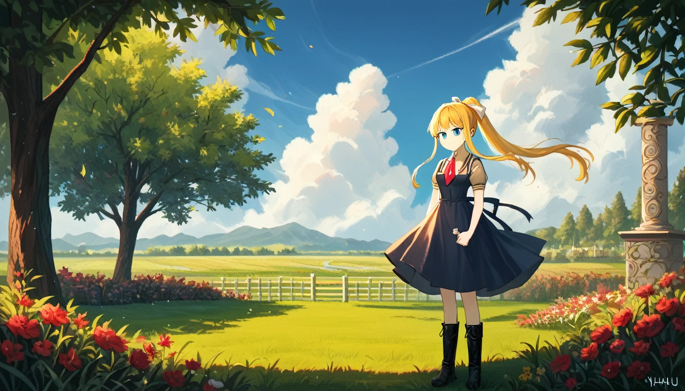 score_9, score_8_superior, score_7_superior, score_6_superior, evaluation_Safety, sauce_anime, Highest quality, masterpiece, Detailed Background, Fine grain, garden, Grass, Cowboy Shot, cute, 三鈴superior雄, Air School Dress Uniform, Black boots, Medium chest, Long ponytail, Long side locks, Grin, Vsain