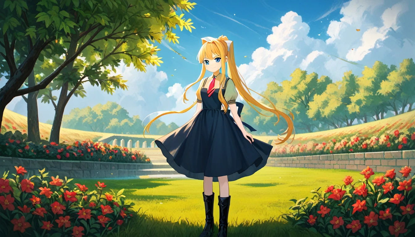 score_9, score_8_superior, score_7_superior, score_6_superior, evaluation_Safety, sauce_anime, Highest quality, masterpiece, Detailed Background, Fine grain, garden, Grass, Cowboy Shot, cute, 三鈴superior雄, Air School Dress Uniform, Black boots, Medium chest, Long ponytail, Long side locks, Grin, Vsain