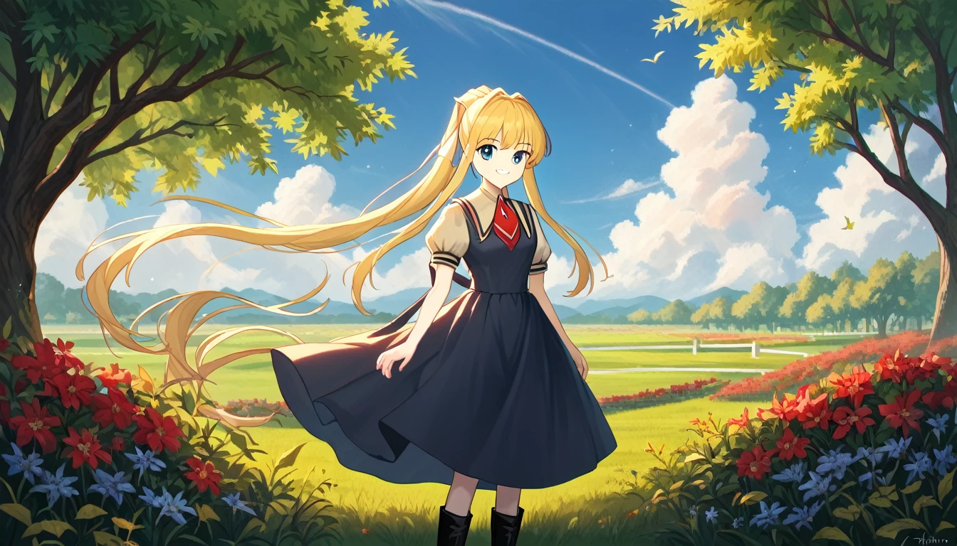 score_9, score_8_superior, score_7_superior, score_6_superior, evaluation_Safety, sauce_anime, Highest quality, masterpiece, Detailed Background, Fine grain, garden, Grass, Cowboy Shot, cute, 三鈴superior雄, Air School Dress Uniform, Black boots, Medium chest, Long ponytail, Long side locks, Grin, Vsain