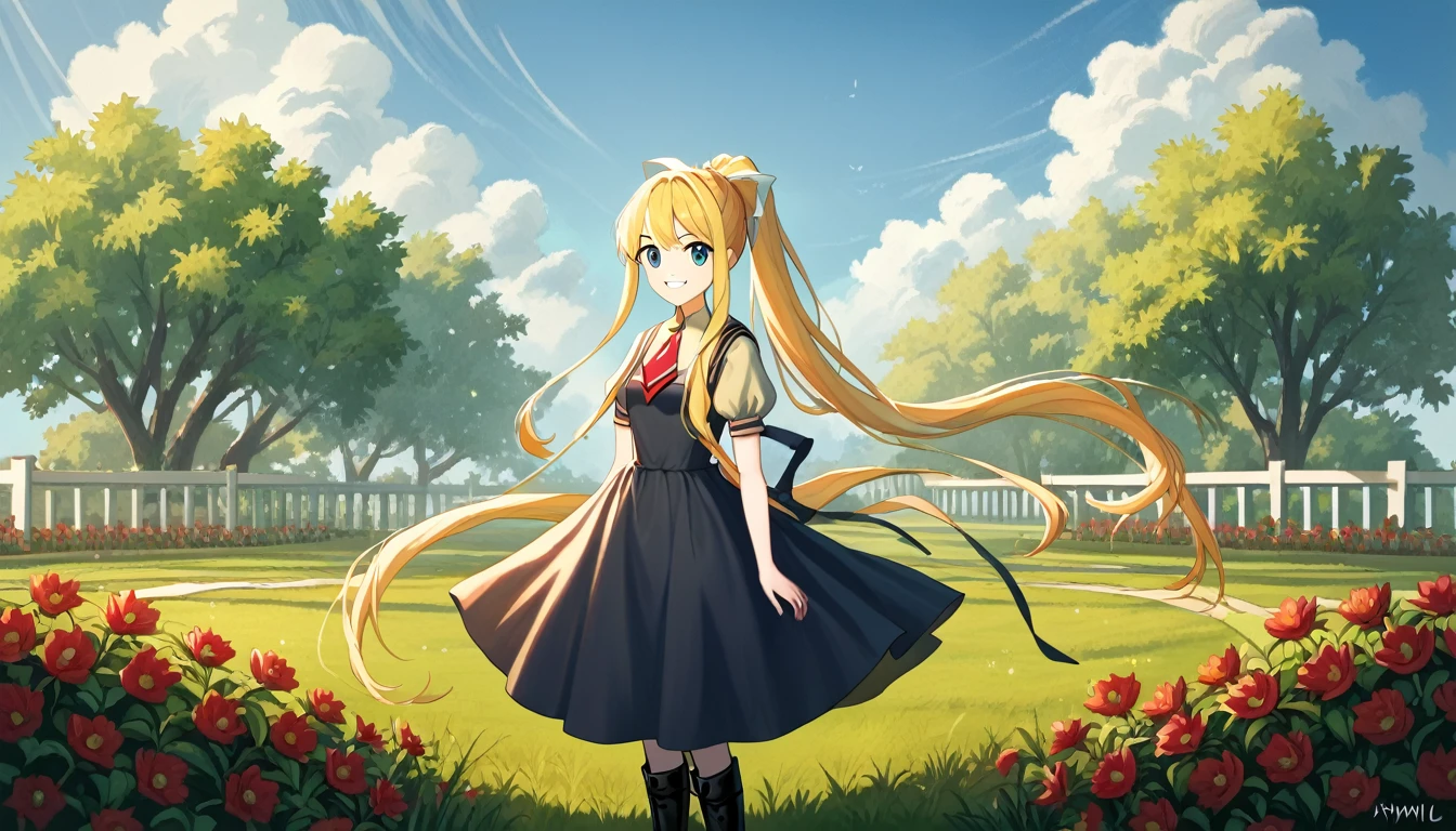 score_9, score_8_superior, score_7_superior, score_6_superior, evaluation_Safety, sauce_anime, Highest quality, masterpiece, Detailed Background, Fine grain, garden, Grass, Cowboy Shot, cute, 三鈴superior雄, Air School Dress Uniform, Black boots, Medium chest, Long ponytail, Long side locks, Grin, Vsain