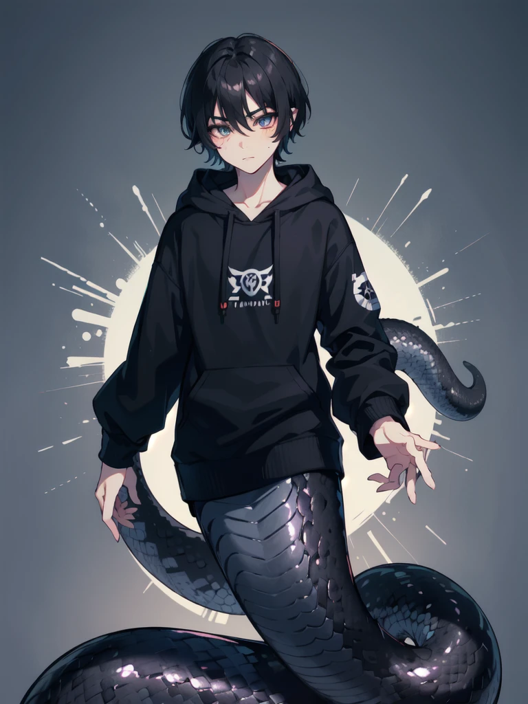 1 boy,more details in eyes,cute face,handsome,young,juvenile,((masterpiece:1.4,best quality)),multiple details,black hair,eyeshadow, lamia, snake tail, emo,hoodie, black snake tail, full body, lifting up hoodie to show belly