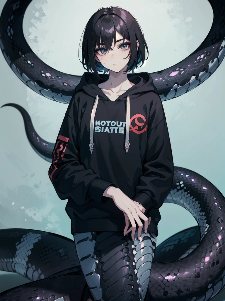 1 boy,more details in eyes,cute face,handsome,young,juvenile,((masterpiece:1.4,best quality)),multiple details,black hair,eyeshadow, lamia, snake tail, emo,hoodie, black snake tail, full body, lifting up hoodie to show belly