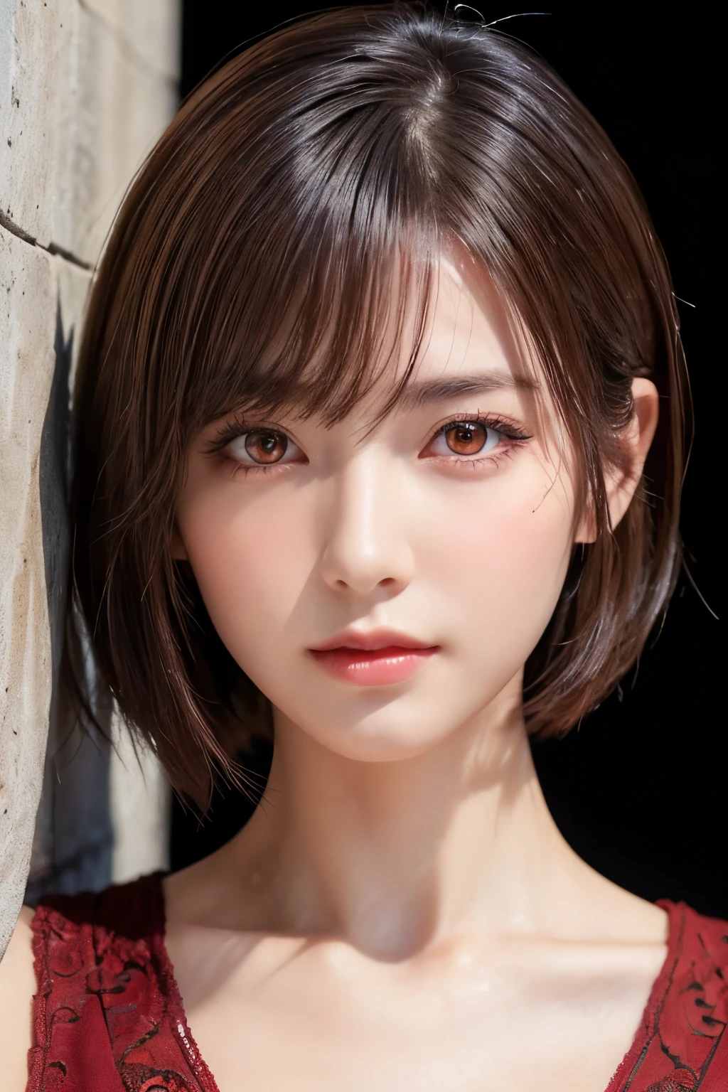 (masterpiece:1.2, Highest quality), (Beautiful, detailed eyes: 1.2、Beautiful skin、Beautiful hair、Good posture and dignity、Beautiful manners、sympathy、Beautiful eyes), ((One Woman)), (Red eyes:1.4), (Detailed eyes and face:1.3), ((Woman with short hair)), (Beautiful and vivid background:1.2), (Highly detailed CG, Super detailed, Best Shadow:1.1), ((Depth of written boundary)), ((watercolor)), beautiful concept figure, (Orange background:0.5), (figure:1.1), (Very nice and beautiful:1.1), (Perfect detail:1.1), from the front, Cowboy Shot, scenery 、Put out your ears、Long beautiful neck