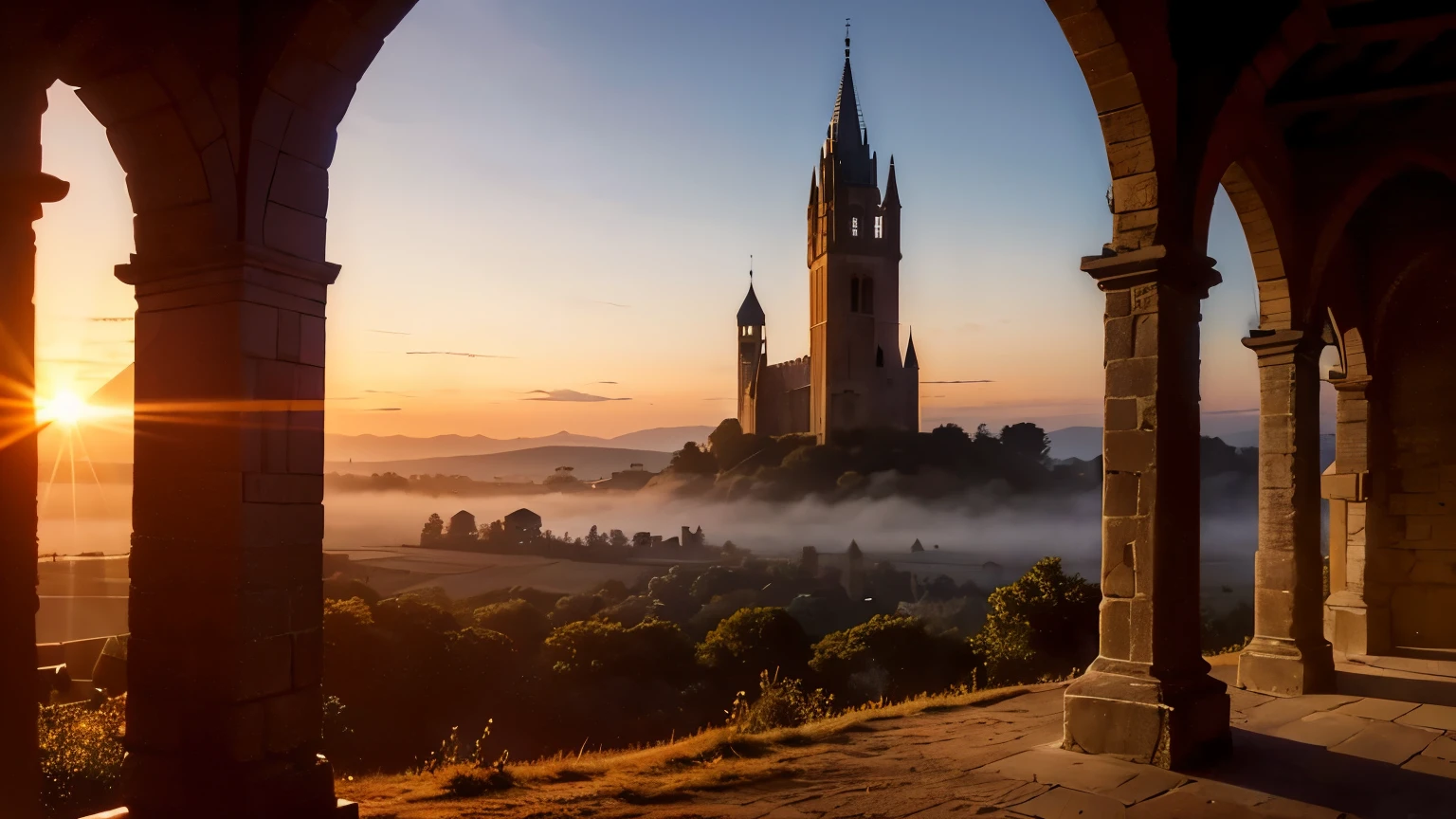 (Sunrise Time), Medieval city, Vivid sunrise, Tall Tower, Stone house, Fine details, Morning Mist, Light and shadow contrast, Silence, Remains, Natural light, landscape, Time lapse, Old Life, Nostalgic