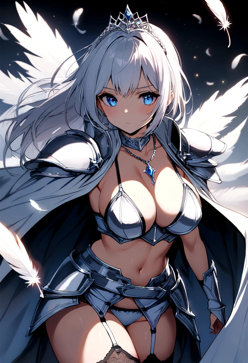 Edelweiss is a stunning young woman with a curvy body, long white hair, and crystal-blue eyes. In battle, she wears a white combat armor akin to a bikini with a breastplate showing her bare ample breasts, a garter belt on her waist with features on its side, a crown-like tiara, which has white feathers on both sides, armored shoulder pads that have a short white cape, and a silver necklace around her neck that is sort of shaped like a ribbon in the middle.