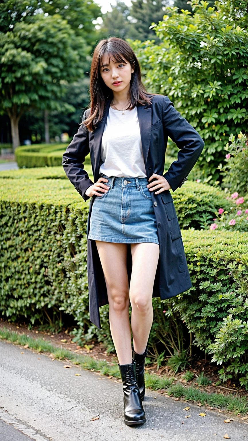 (8K、RAW Photos、Highest quality、masterpiece:1.2)、(Realistic、Realistic)、1 Girl、((Black coat、one piece、Black mini skirt、boots、Big Breasts、whole body、garden、View from the front、Looking into the camera、Stand with one hand on your hip))、