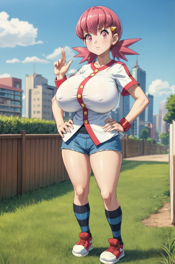 masterpiece, Highest quality, de whitney, Pink Eyes, hair ornaments, White shirt, Short sleeve, Blue shorts, Wristband, Large Breasts, Conceit, View your viewers, Put your hands on your hips, Raise your hand, Striped socks, sneakers, Cityscape, wood, Grass