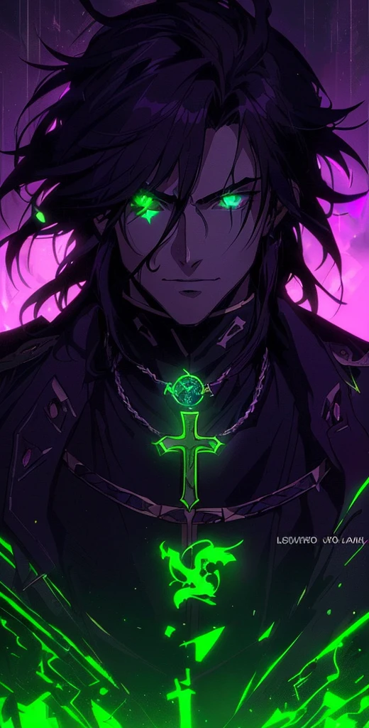a close up of a person with a cross on their forehead, handsome guy in demon slayer art, with glowing eyes, green glowing eyes, beautiful male god of death, profile picture 1024px, alucard, his eyes are red and glowing, male anime character, beautiful androgynous prince, caleb from critical role, anime wallaper