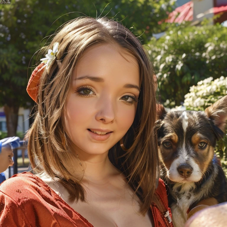 a lovely woman in a form-fitting lobster costume,outside of a seafood shop,trying to draw in customers,a and his puppy,won't leave her alone,(best quality,4k,8k,highres,masterpiece:1.2),ultra-detailed,(realistic,photorealistic,photo-realistic:1.37),intricate details,vibrant colors,whimsical,charming,humorous,adorable,detailed facial features,beautiful eyes,cute expression,fun and lively atmosphere,natural lighting,warm tones,detailed textures,seamless composition