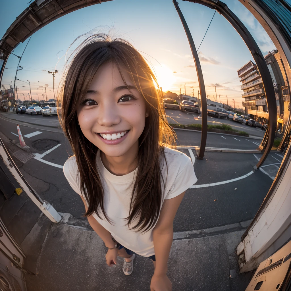 One girl, ((Fisheye, Self snap)), Wind, Dirty hair, sunset, Streetscape, (Aesthetics and atmosphere:1.2),smileの美しい女性、、Ultra HD、Japanese、One woman around 20 years old、Brown Hair、smile、((Smiling with white teeth))、