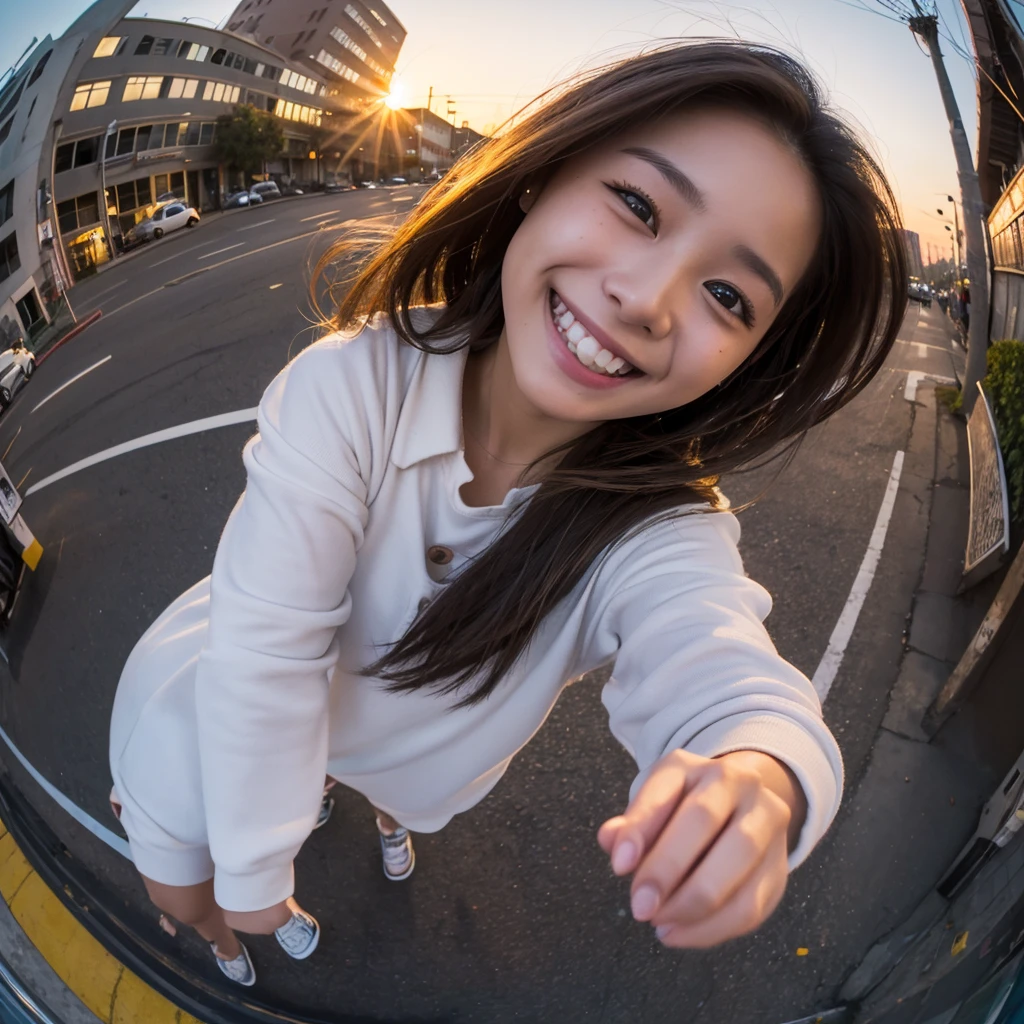 One girl, ((Fisheye, Self snap)), Wind, Dirty hair, sunset, Streetscape, (Aesthetics and atmosphere:1.2),smileの美しい女性、、Ultra HD、Japanese、One woman around 20 years old、Brown Hair、smile、((Smiling with white teeth))、